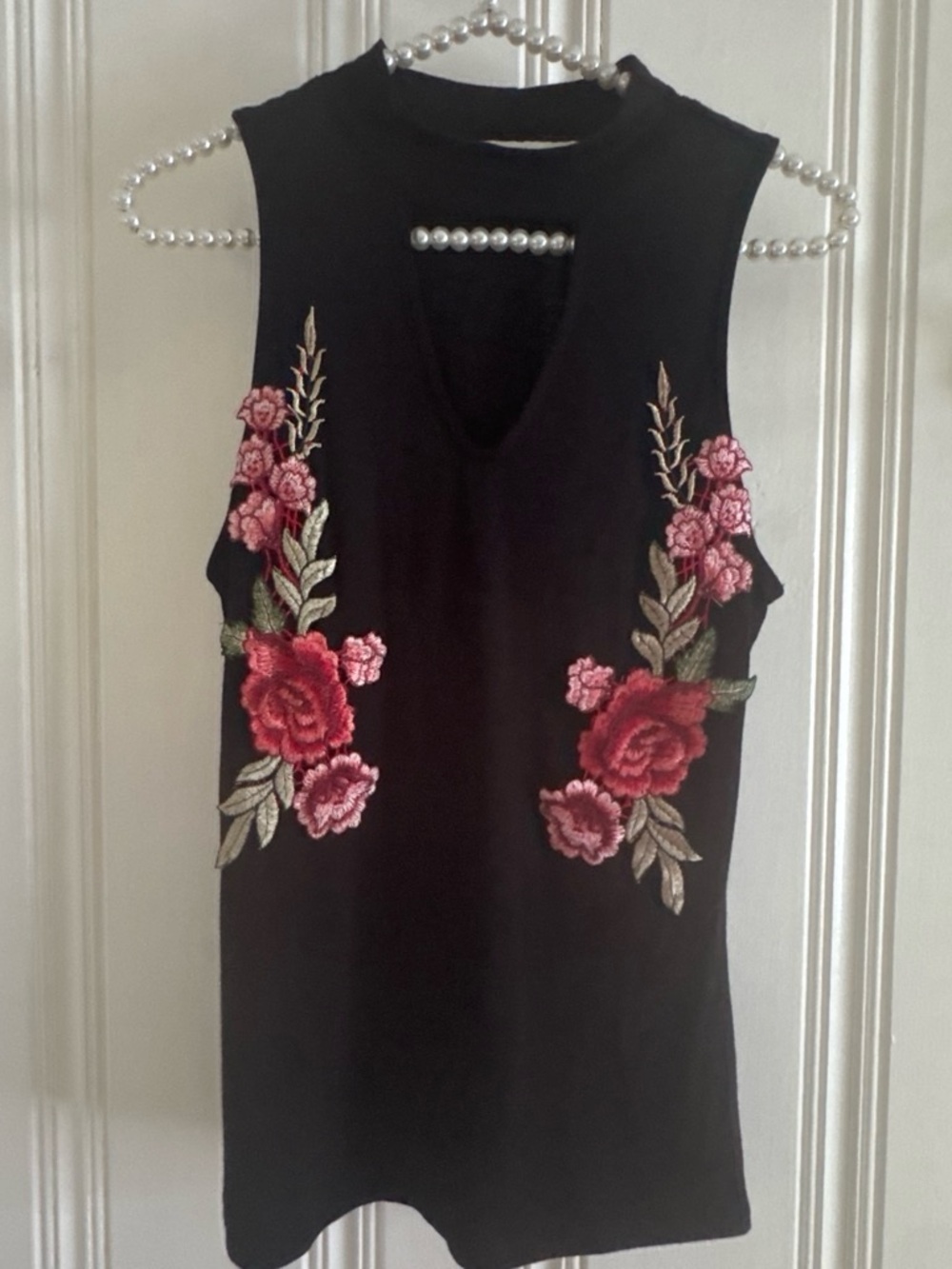 Vintage Havana Black Tank with Pink & Red Rose Embroidery